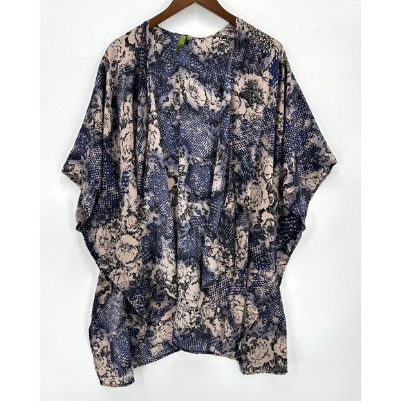 Kirious Kimono Top Womens Open Short Sleeve Lightweight Floral Beige, Blue S/M - Picture 1 of 9